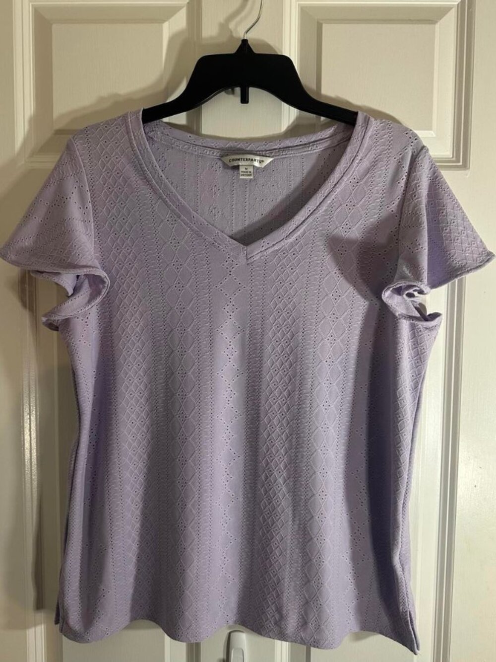 Counterparts Lilac Purple Eyelet Knit Top Flutter Sleeve V-Neck M